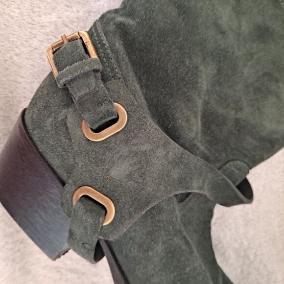 Ralph Lauren Collection Harness Boots Italy Green Suede 1.5" Cowgirl Heel Buckle - Picture 2 of 15